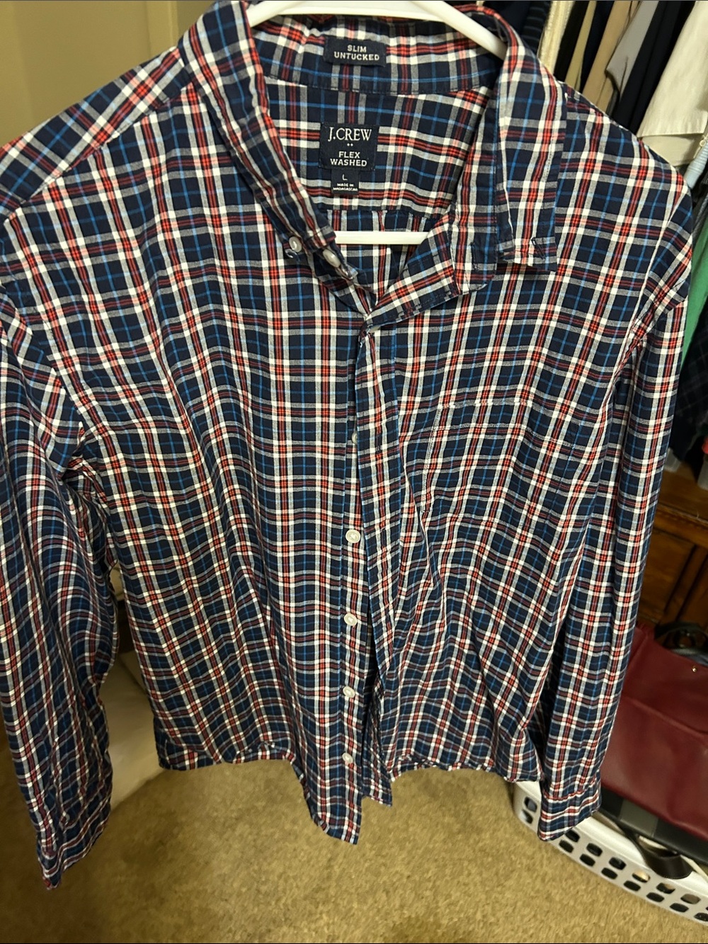 J. Crew Slim Untucked Plaid Button-Down Shirt - Navy, Red, White